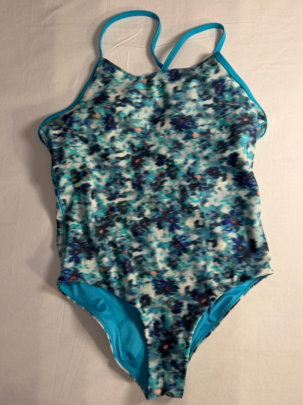 Athleta Girls Teal Floral-Print One-Piece Swimsuit